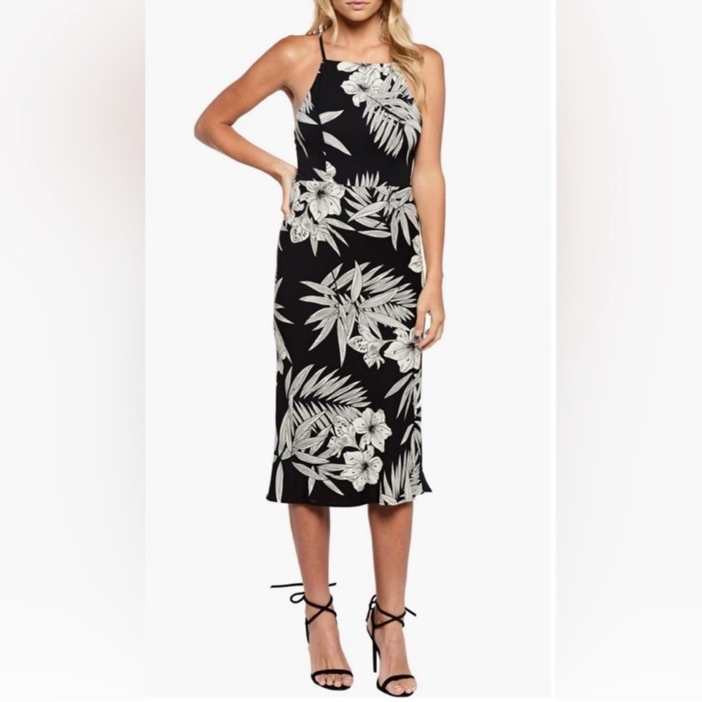 Bardot Hawaiian Floral Print black and White Halter Neck Dress size L